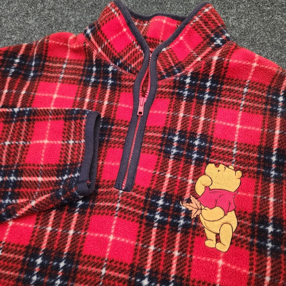 Vintage Disney Store Winnie the Pooh Fleece Quarter Zip Womens XL Red Plaid 90s